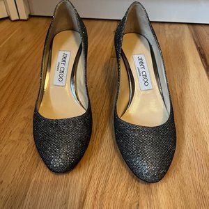 Jimmy Choo Dark Silver Glitter Fabric Block Heel Pumps Size 5